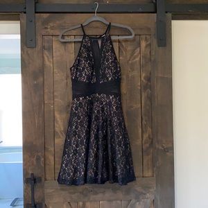 Morgan & Co. Sheer Inset Lace Fit n Flare Dress